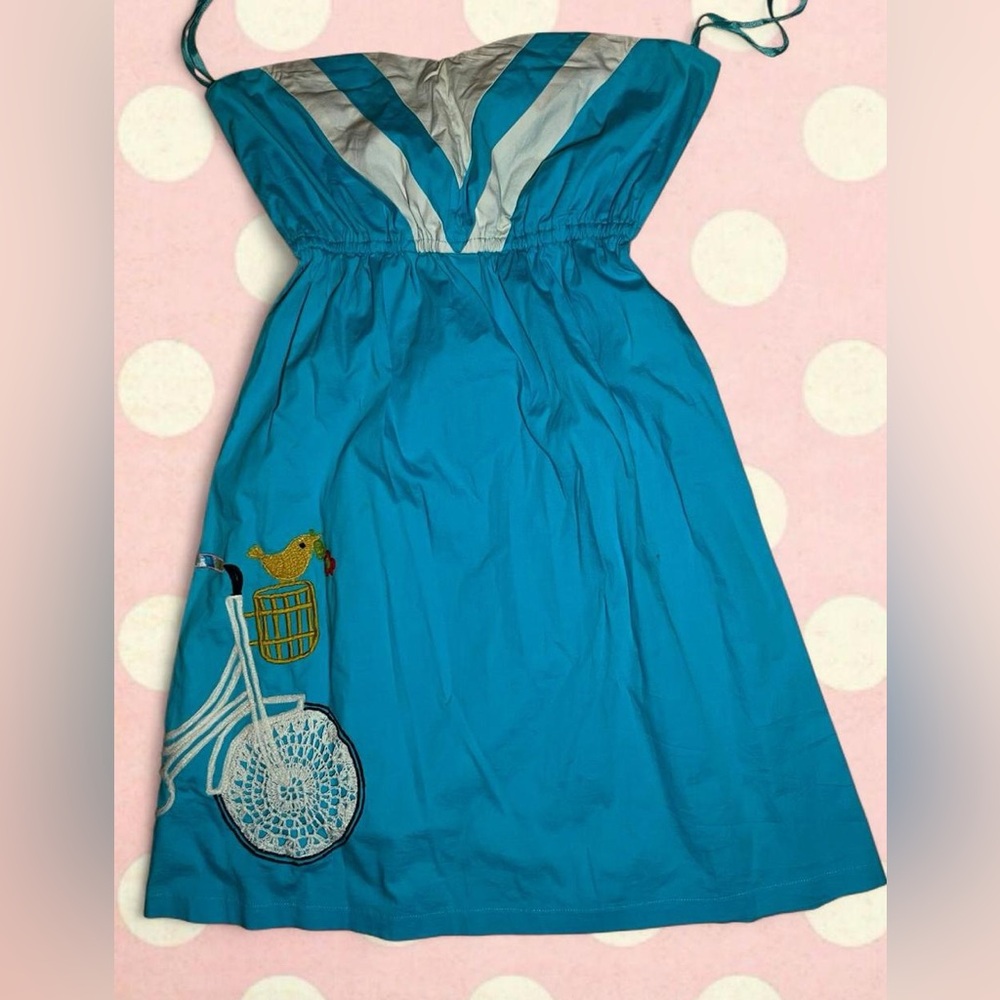 Judith March Teal Strapless Dress with Gray Accent and Bicycle Embroidery